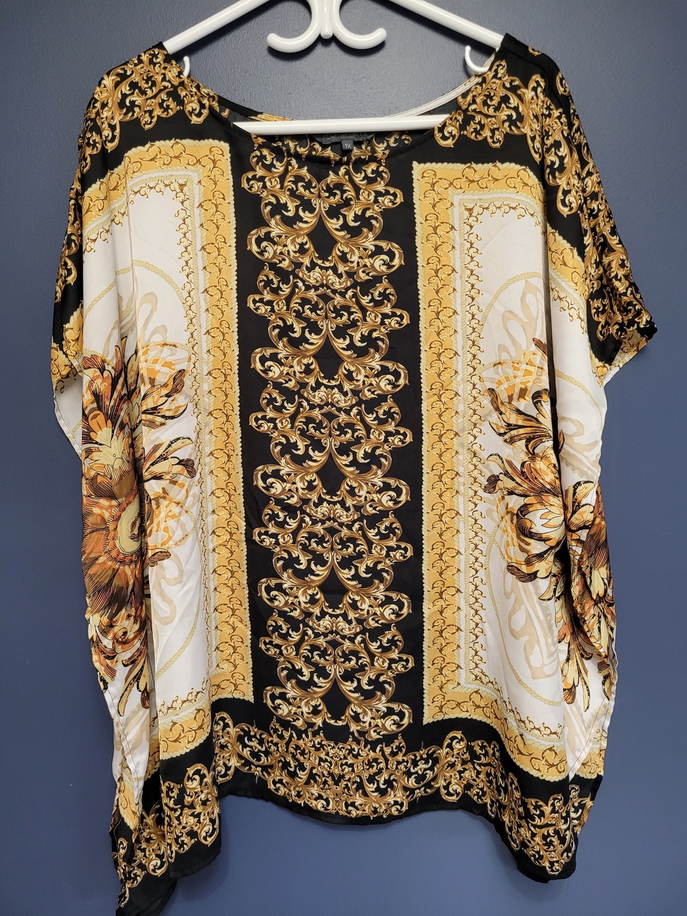 Addition Elle Silky Black & Gold Baroque Print Tunic Size (Caftan style) 1X